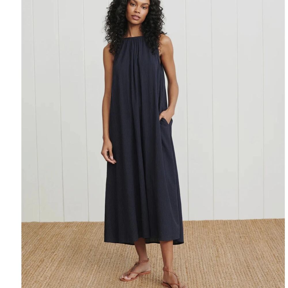 Jenni Kayne XS Striped Cotton Drift Dress $295 Maxi Waffle Weave Boho Navy Black